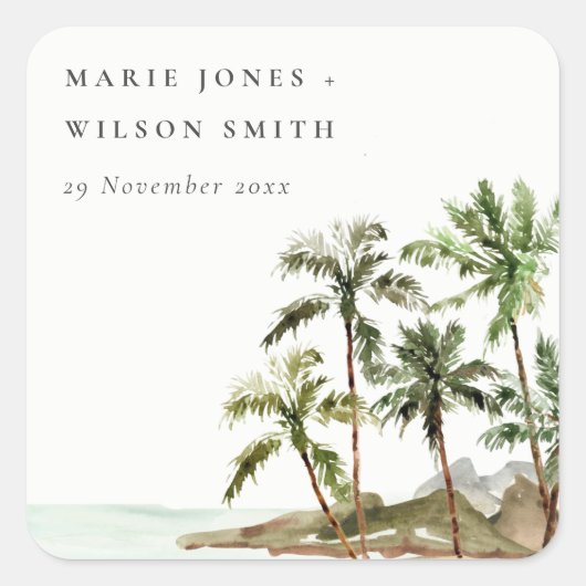 Rustige tropische palmbomen stranden zand huwelijk vierkante sticker (Voorkant)