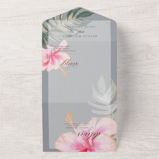 Rustige Tropische Roze Hibiscus Floral Wedding All In One Uitnodiging (Buitenkant)