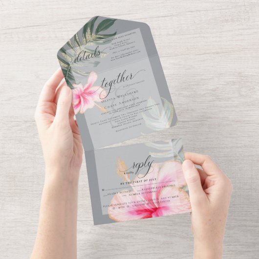Rustige Tropische Roze Hibiscus Floral Wedding All In One Uitnodiging (Afscheurbaar)