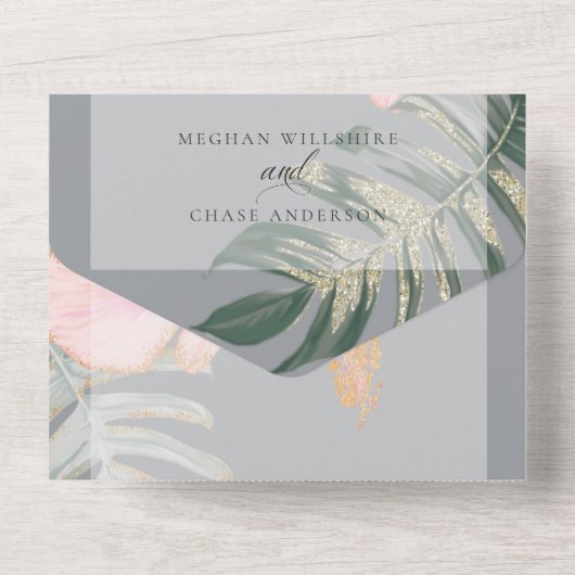 Rustige Tropische Roze Hibiscus Floral Wedding All In One Uitnodiging (Achterkant)