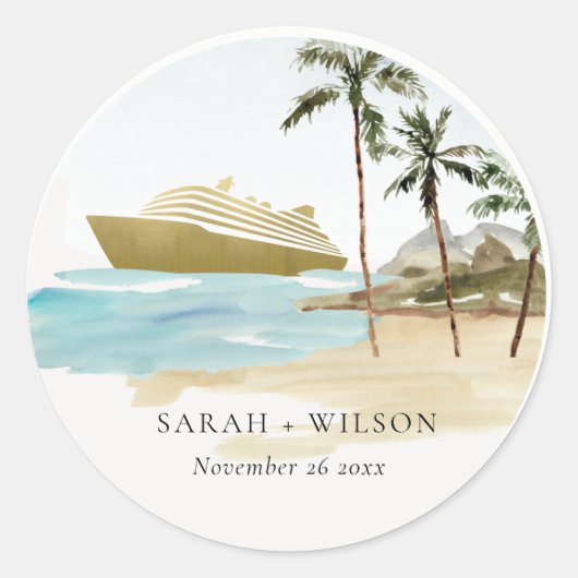 Rustige tropische zeebaars cruise Palm Wedding Ronde Sticker (Voorkant)