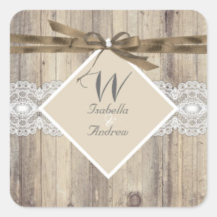 Rustige Trouw Beige Witte Kant Hout 2 Vierkante Sticker