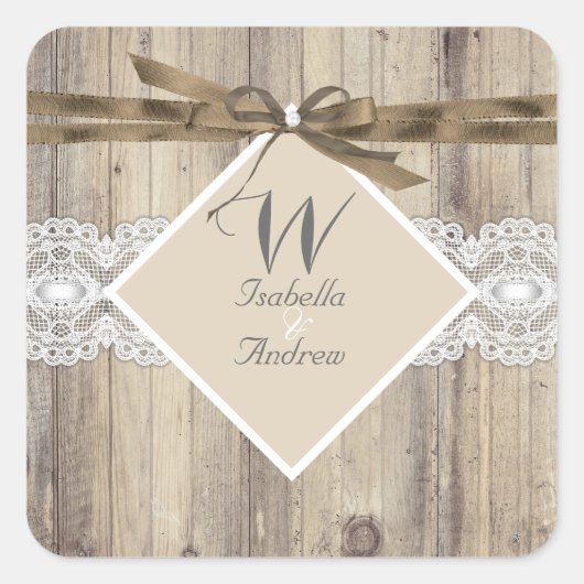 Rustige Trouw Beige Witte Kant Hout 2 Vierkante Sticker (Voorkant)