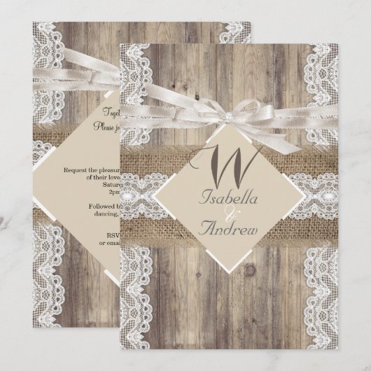 Rustige Trouw Beige Witte Kant Hout Jute 2a Kaart (Voorkant / Achterkant)