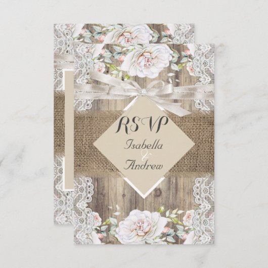 Rustige Trouw Beige Witte Rozen Hout RSVP (Voorkant / Achterkant)