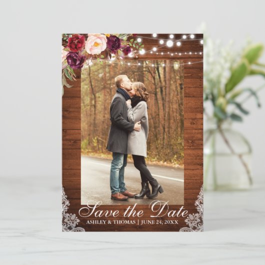 Rustige Trouw Burgundy Bloem Sluiers Bewaar de Dat Save The Date (Staand voorkant)