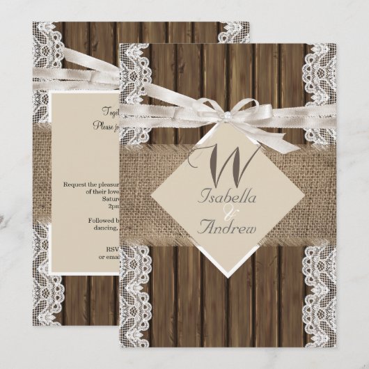 Rustige Trouwbeige Witte Kant Hout Jute 3 Kaart (Voorkant / Achterkant)