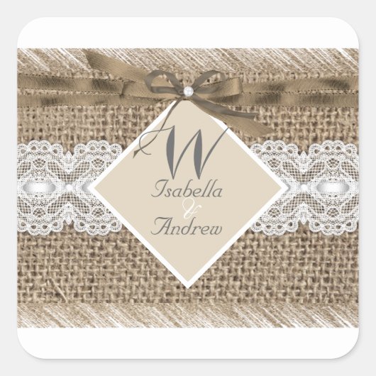 Rustige Trouwbeige Witte Kant Jute 2 Vierkante Sticker (Voorkant)