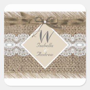 Rustige Trouwbeige Witte Kant Jute 2 Vierkante Sticker