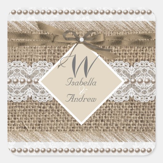 Rustige Trouwbeige Witte Kant Jute Vierkante Sticker (Voorkant)