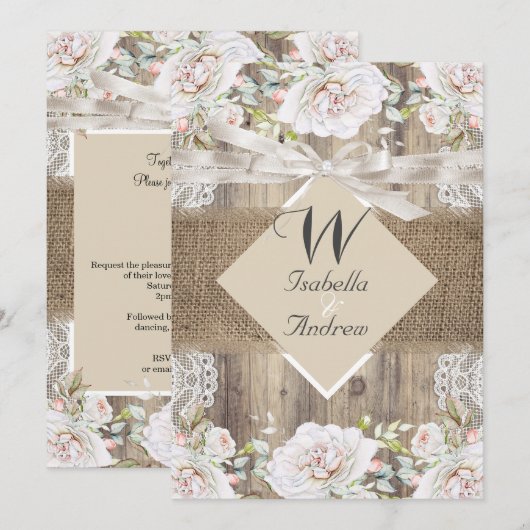 Rustige Trouwbeige Witte Rozen Hout Jute Kaart (Voorkant / Achterkant)