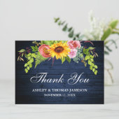 Rustige Trouwblauw Hout Zonnebloem Bloemstuk Bedankkaart (Staand voorkant)