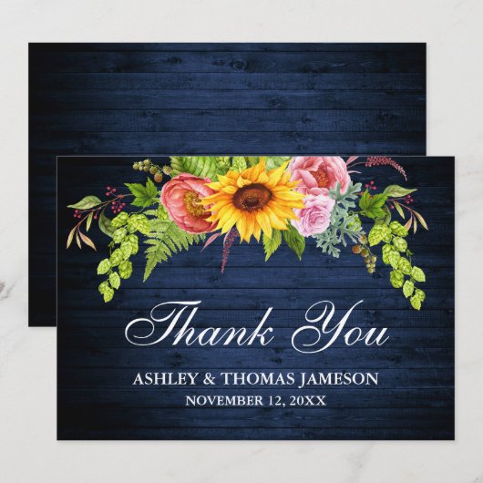 Rustige Trouwblauw Hout Zonnebloem Bloemstuk Bedankkaart (Voorkant / Achterkant)