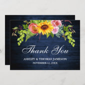 Rustige Trouwblauw Houten Zonnebloem Bloemstuk Bedankkaart (Voorkant / Achterkant)