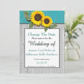Rustige Trouwdag Zonnebloem Teal Grijs Hout Chic Save The Date (Staand voorkant)