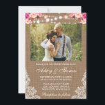 Rustige Trouwfoto met Jute Zakdoek Lichtjes Kant B Kaart<br><div class="desc">Rustige Trouw Uitnodiging met Jute Touw Lichtjes Kant Waterverf Roze Blush Bloemen</div>