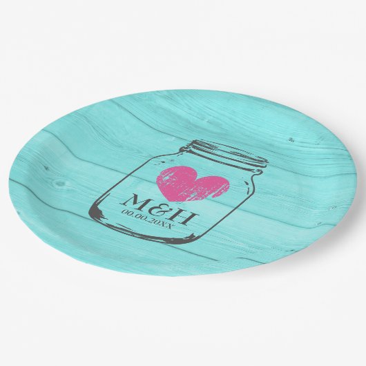 Rustige turquoise mason jar bruiloft party borden papieren bordje (Gekanteld)