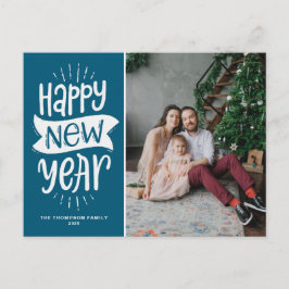 Rustige Typografie Blue Happy Nieuwjaarsfoto Feestdagenkaart
