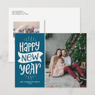 Rustige Typografie Blue Happy Nieuwjaarsfoto Feestdagenkaart