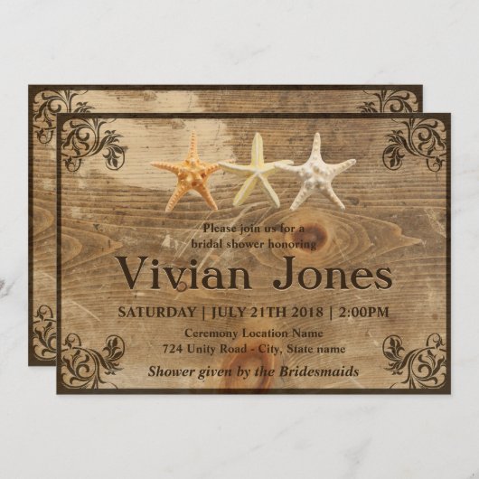 Rustige Uitnodiging voor hout en Starfish Bridal (Voorkant / Achterkant)