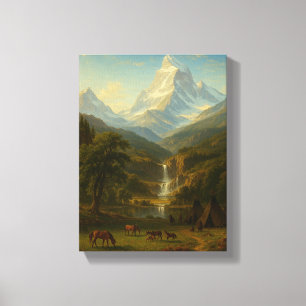 Rustige vallei met paarden en waterval canvas afdruk