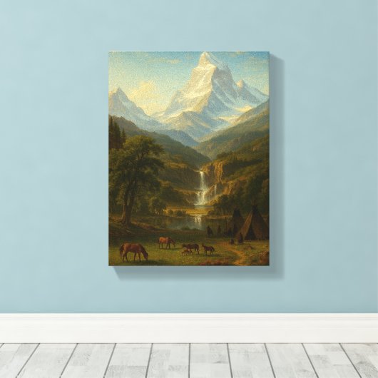 Rustige vallei met paarden en waterval canvas afdruk (Insitu (Houten vloer))