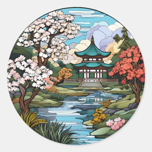 Rustige vijver en tempel Stickers set (Voorkant)