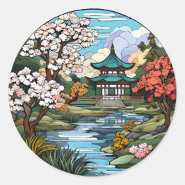 Rustige vijver en tempel Stickers set