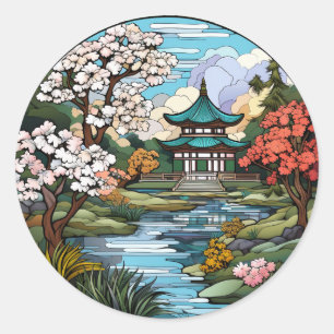 Rustige vijver en tempel Stickers set
