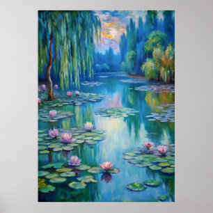 Rustige vijver met waterlelies bij zonsondergang poster
