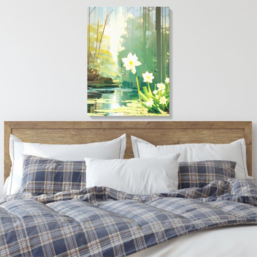 Rustige vijver met witte narcissen canvas afdruk (Insitu (Slaapkamer))