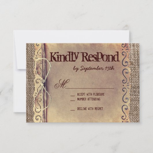 Rustige Vintage Burlap Wedding RSVP-kaarten RSVP Kaartje (Voorkant)