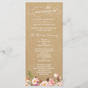 Rustige Vintage Floral Kraft   Weddenschap-program Programmakaart