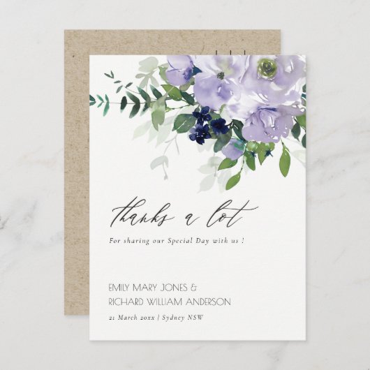 Rustige Violet Paarse Floral Leafy Wedding Bedankt Briefkaart (Voorkant / Achterkant)