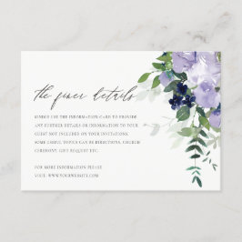 Rustige Violet Paarse Floral Leafy Wedding Details Informatiekaartje