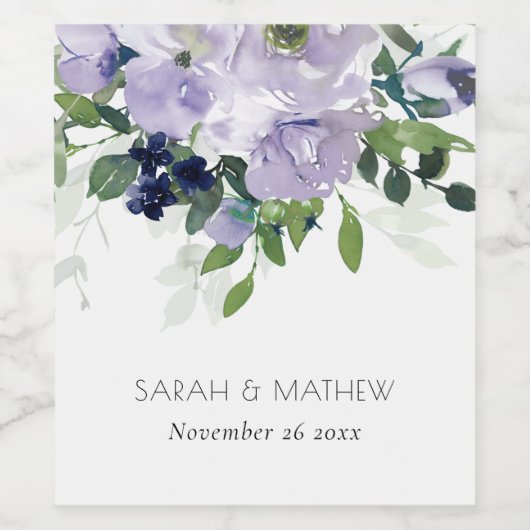 Rustige Violet Paarse marine Floral Leafy Wedding Wijn Etiket (Enkel label)