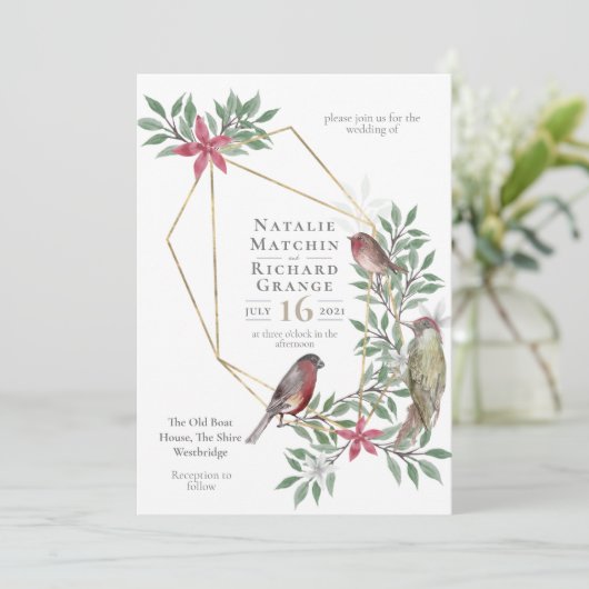 Rustige vogels botanische  uitnodiging (Staand voorkant)