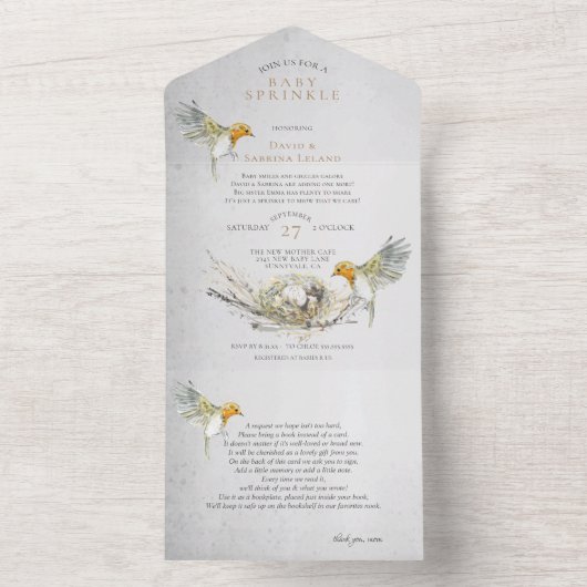 Rustige vogels en nestWaterverf Baby Sprinkle All In One Uitnodiging (Binnen)