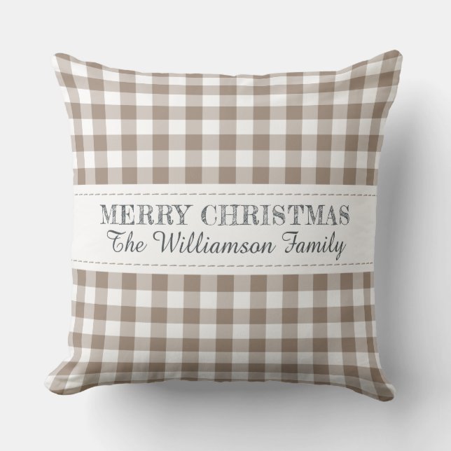 Rustige vrolijke kerst geruite monogram naam kussen (Voorkant)