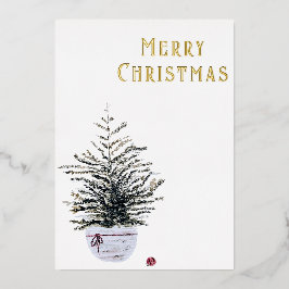 Rustige vrolijke kerst watercolor boom folie feestdagenkaart
