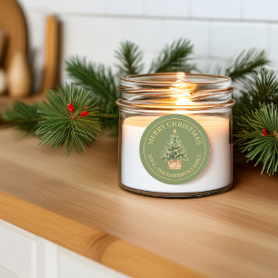 Rustige vrolijke kerst waterverf dennenboom groen ronde sticker