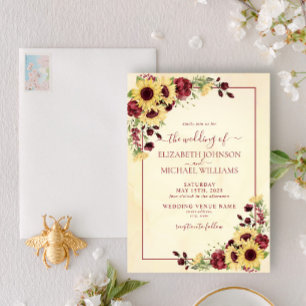 Rustige Warm Sunflower Burgundy Floral Wedding Kaart
