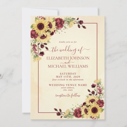 Rustige Warm Sunflower Burgundy Floral Wedding Kaart (Voorkant)