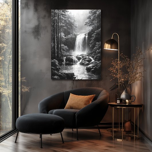 Rustige Waterval in Bos - Houtskoolkunst Poster