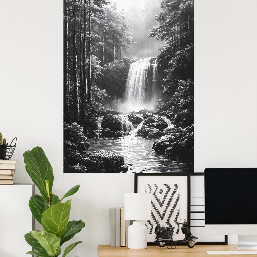Rustige waterval in het bos - houtskoolkunst poster (Thuiskantoor)