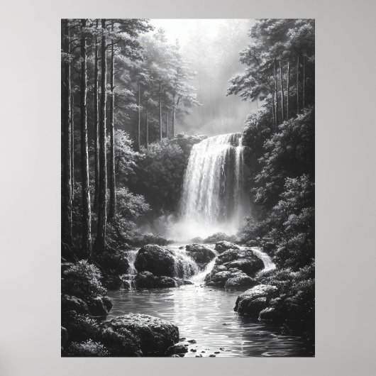 Rustige waterval in het bos - houtskoolkunst poster (Voorkant)