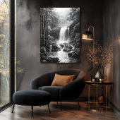 Rustige waterval in het bos - houtskoolkunst poster