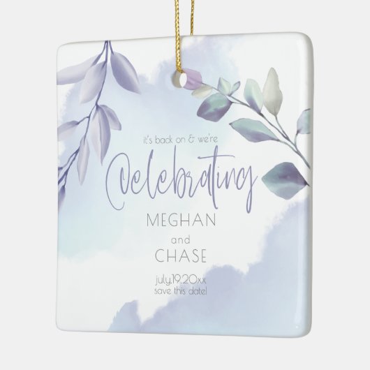 Rustige Waterverf Aqua Lila bladeren Sla de datum  Keramisch Ornament (Links)