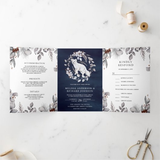 Rustige Waterverf Arctic Fox 3 in 1 Winter Wedding Drieluik Uitnodiging (Binnen)