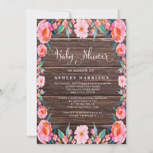 Rustige Waterverf Baby shower van houtroze flora Kaart (Voorkant)